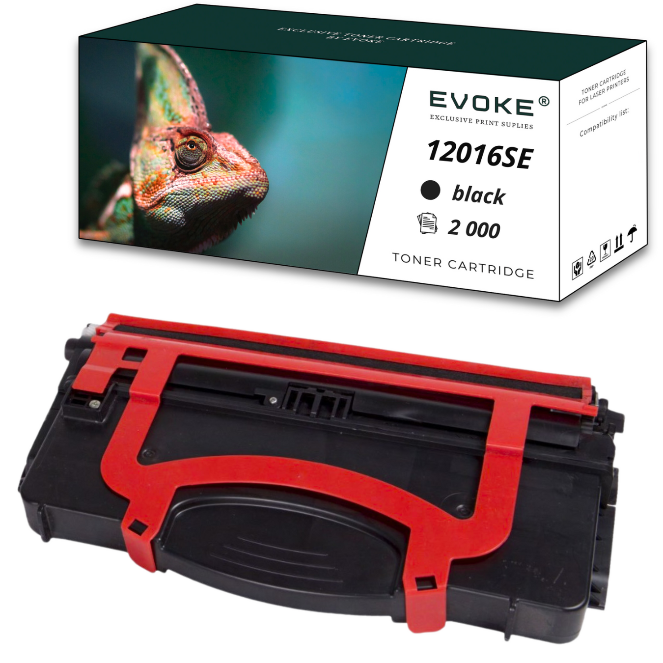 Obraz przedstawia pudełko z tonerem z kameleonem i czarny wkład z czerwoną ramką.