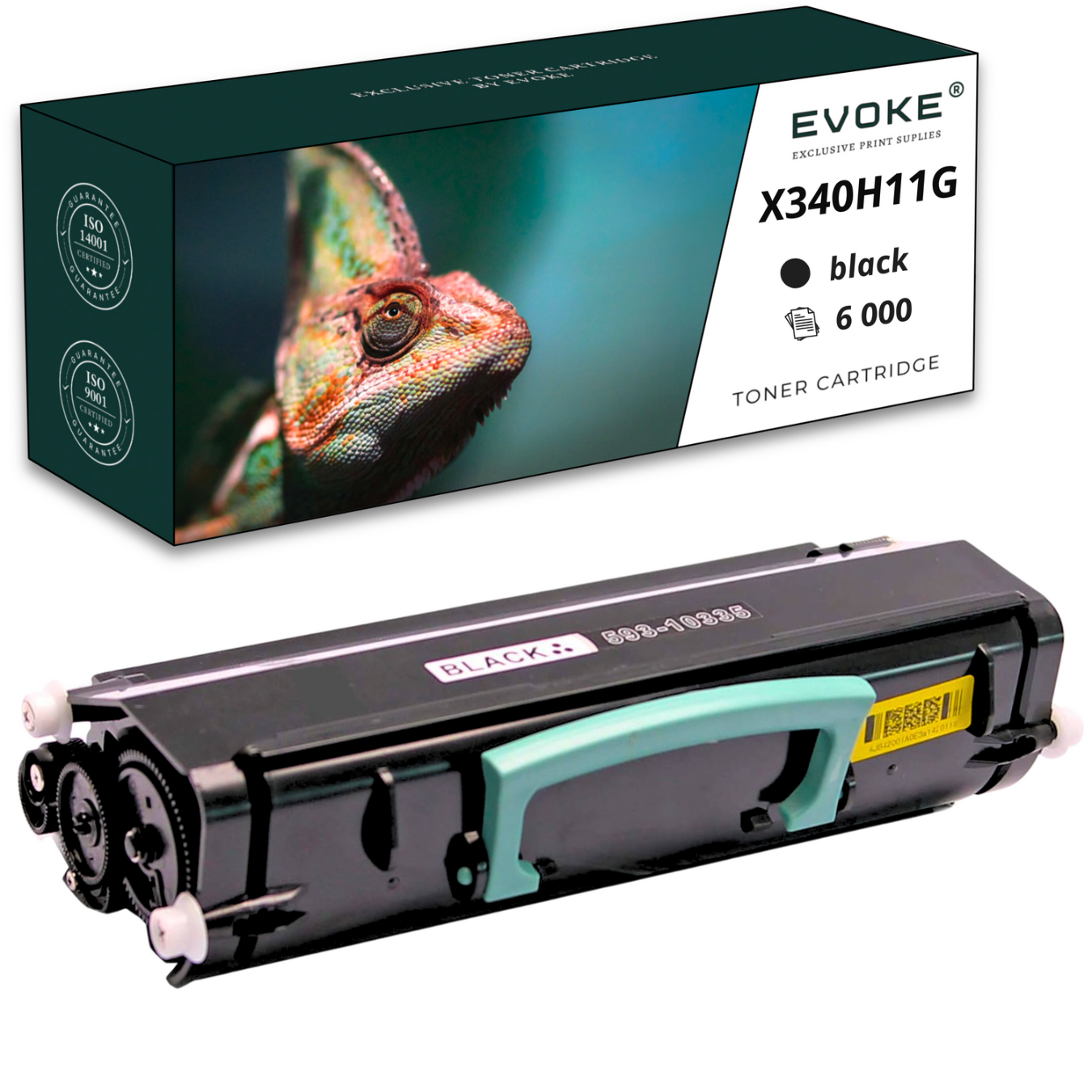 Pudełko z tonerem ze zdjęciem kameleona i czarnym tonerem poniżej.