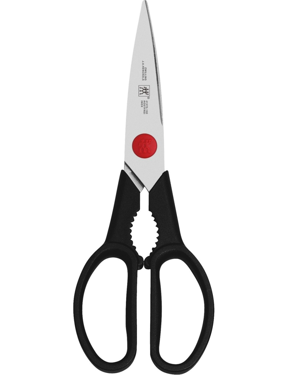 Nożyce kuchenne z czarnymi uchwytami i srebrnymi ostrzami. Czerwone koło na jednym ostrzu. Widoczna nazwa marki.