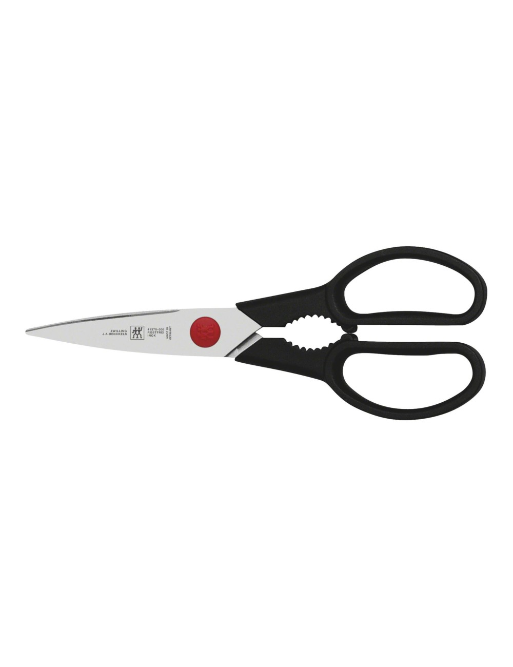 Para czarnych nożyc kuchennych ze srebrnymi ostrzami i czerwonym okrągłym znakiem, na białym tle.