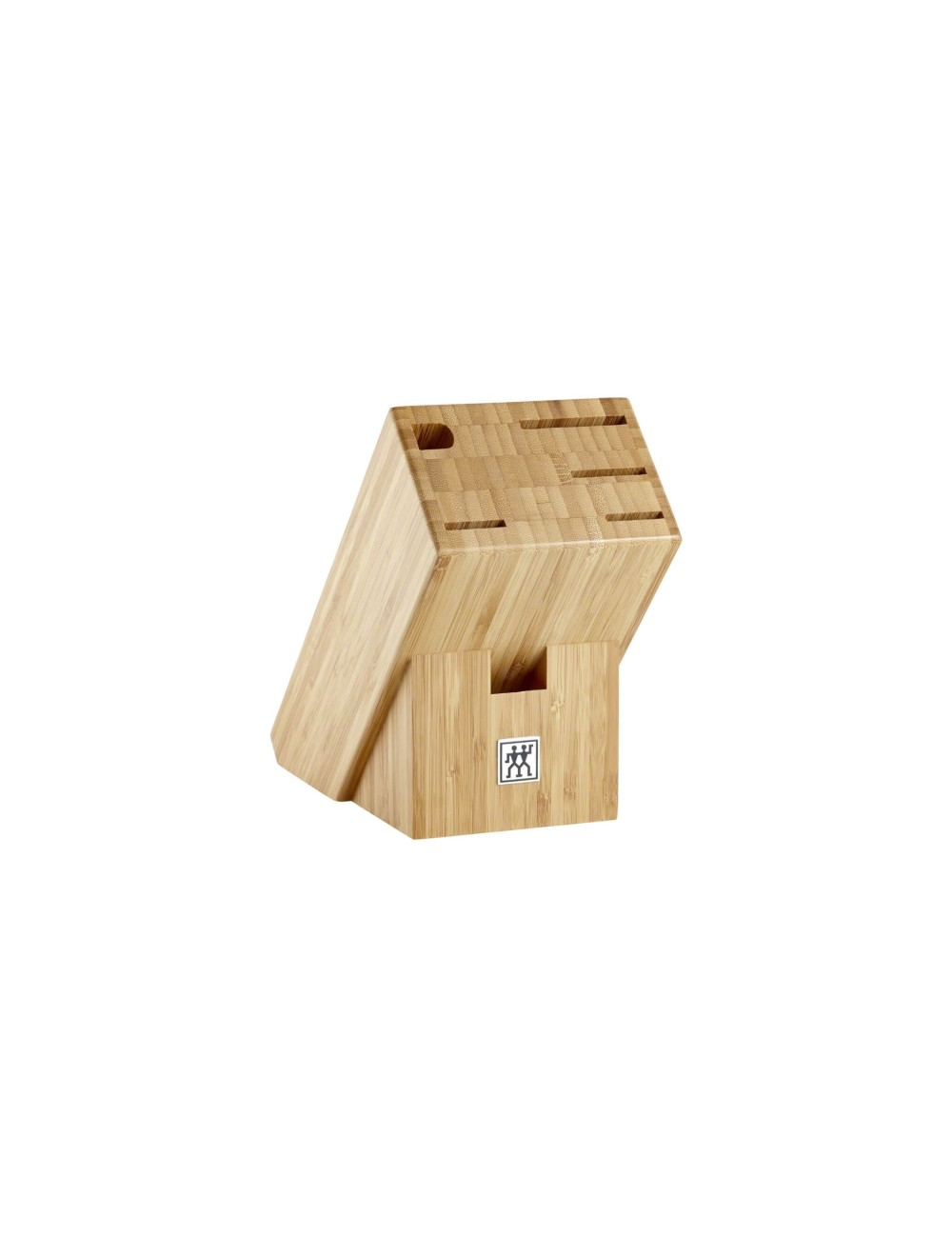 Bambusowy blok na noże z otworami na noże. Ma skośny kształt z logo na podstawie. Tło jest białe.