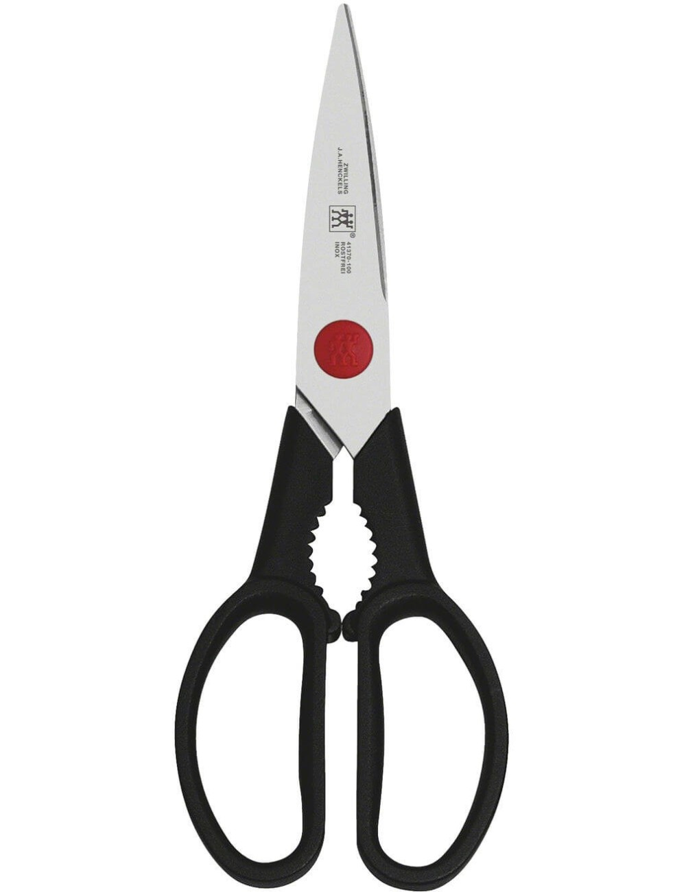 Nożyce kuchenne ze stali nierdzewnej z czarnymi uchwytami. Ostrza mają czerwoną kropkę i markę Zwilling.