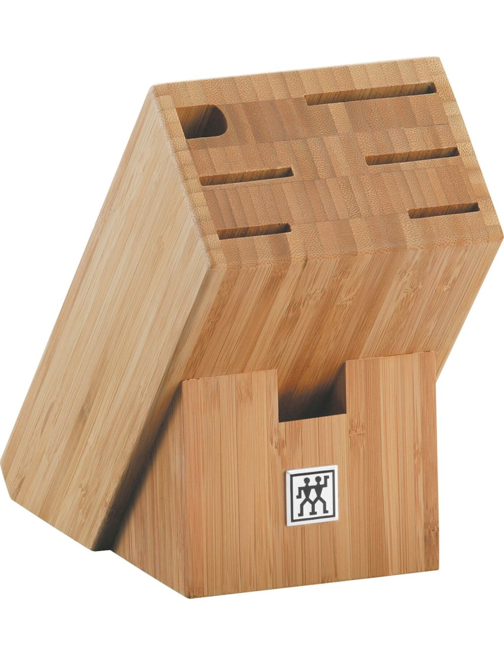 Bambusowy blok na noże z wieloma szczelinami, pod kątem i z prostokątną podstawą. Na podstawie widoczne jest logo.
