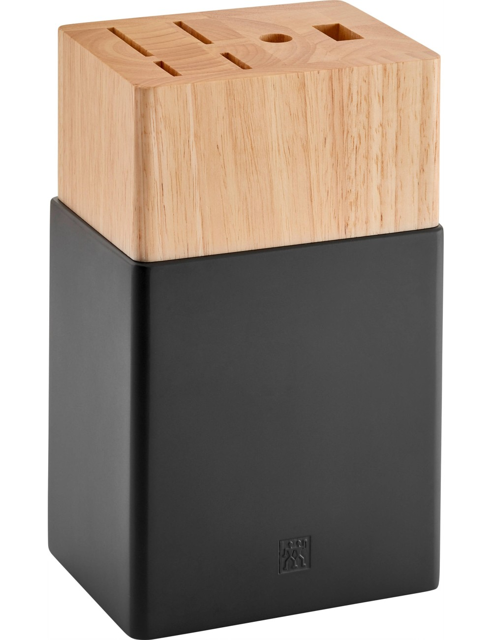 Blok na noże z drewnianą górą i czarną podstawą. Drewniana góra ma szczeliny na noże. Logo jest widoczne na podstawie.
