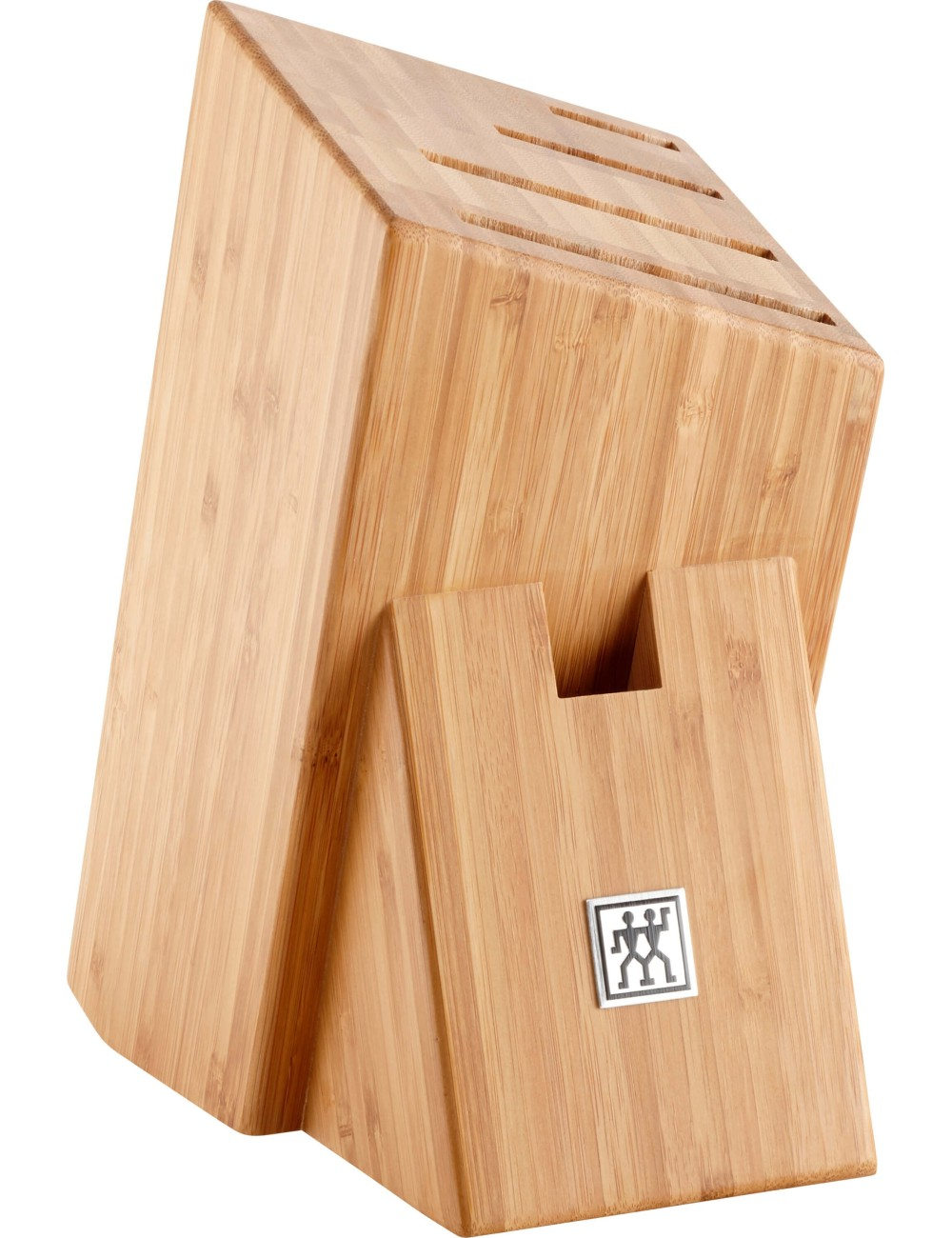 Blok na noże z bambusa. Ma wiele szczelin na noże i podstawkę. Blok ma logo.