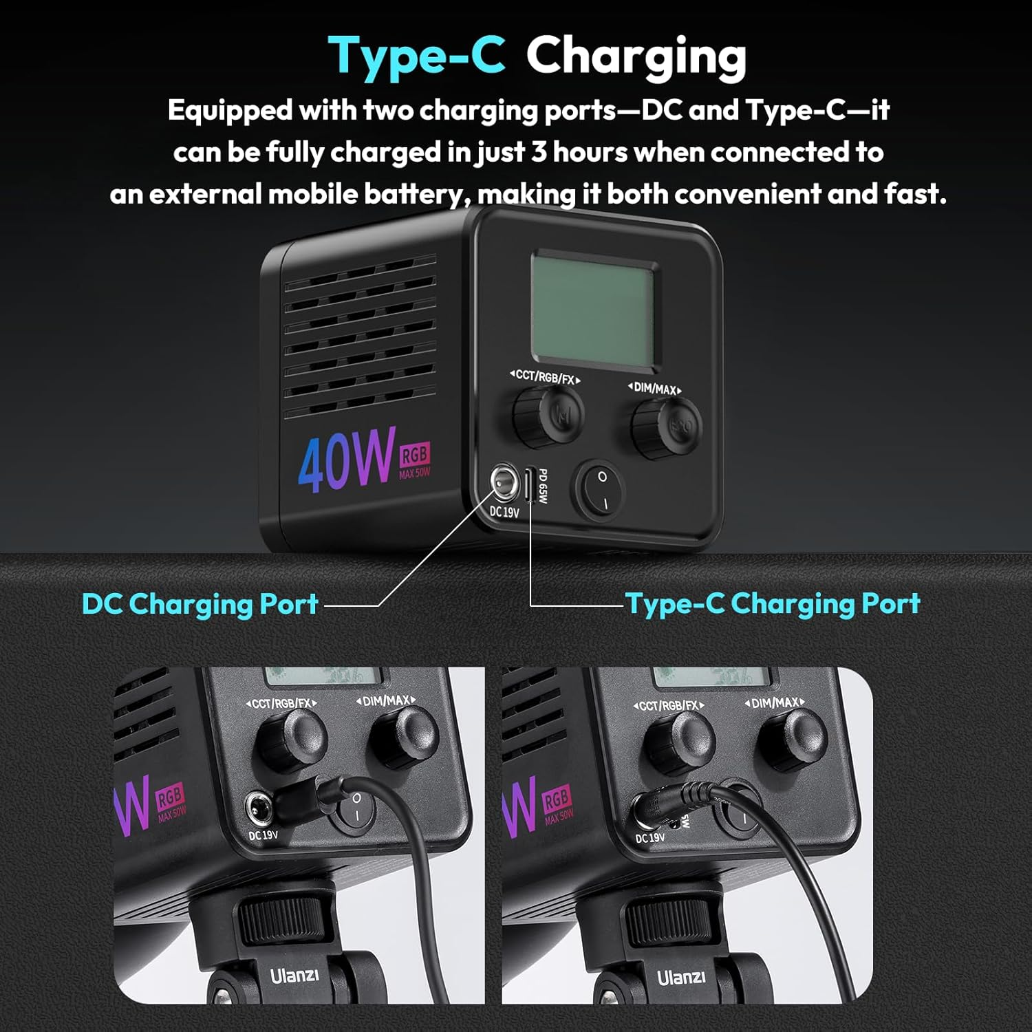 Dispositivo negro con dos puertos de carga, DC y Tipo-C. Tiene una pantalla y perillas. El texto dice 40W RGB max 50W.