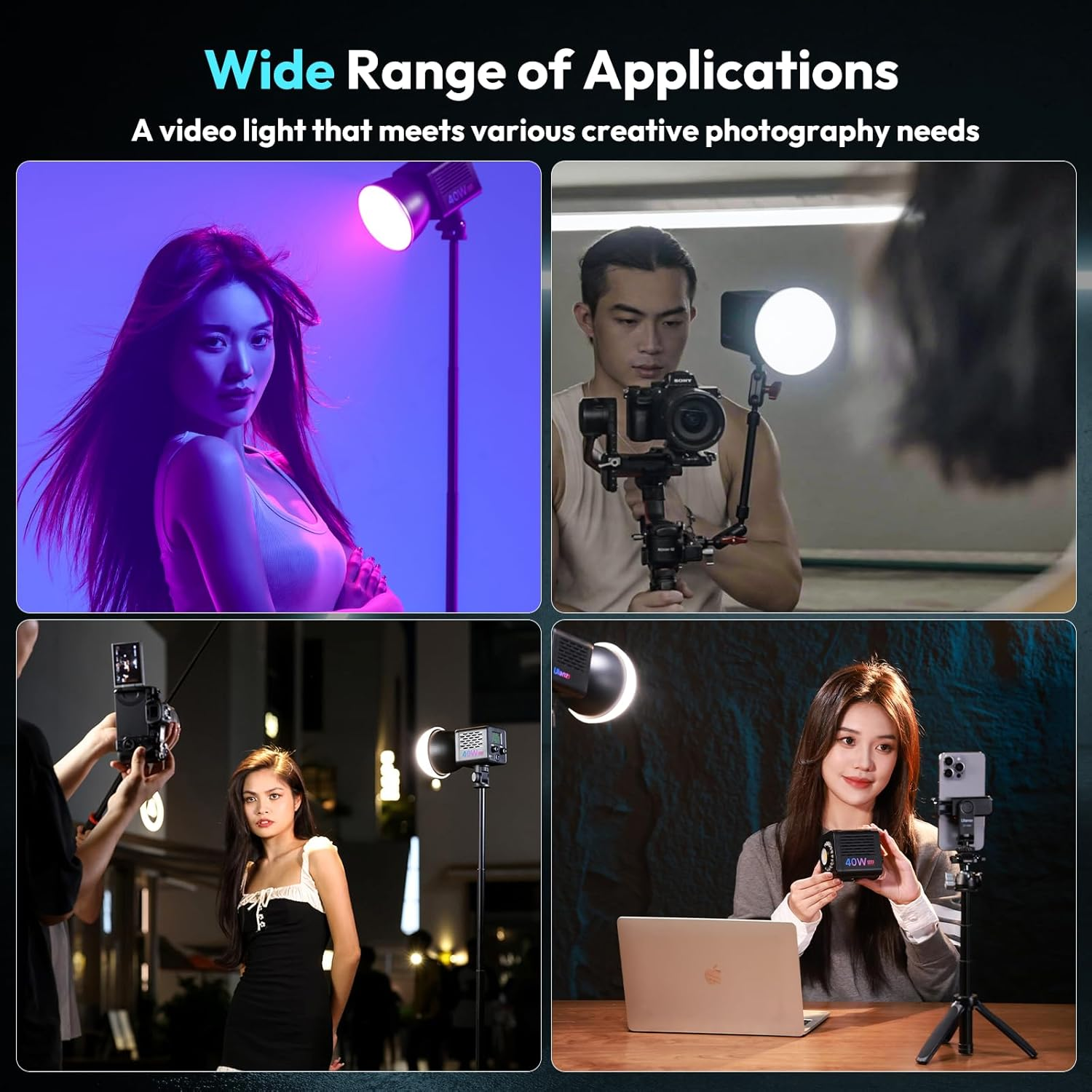 La imagen muestra a personas usando luces de video para fotografía. Se muestran varias tomas con modelos y fotógrafos.