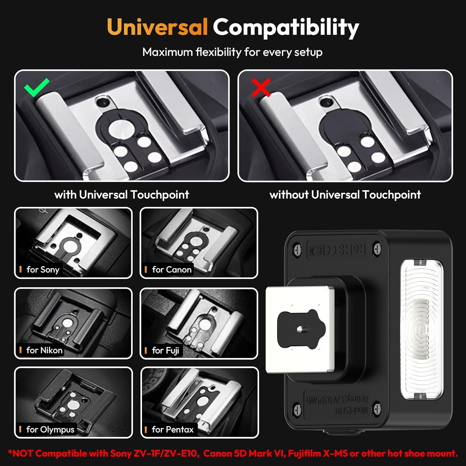 Obraz przedstawia adaptery do gorącej stopki aparatu, z i bez uniwersalnego punktu styku. Wymienia kompatybilność z różnymi markami aparatów.