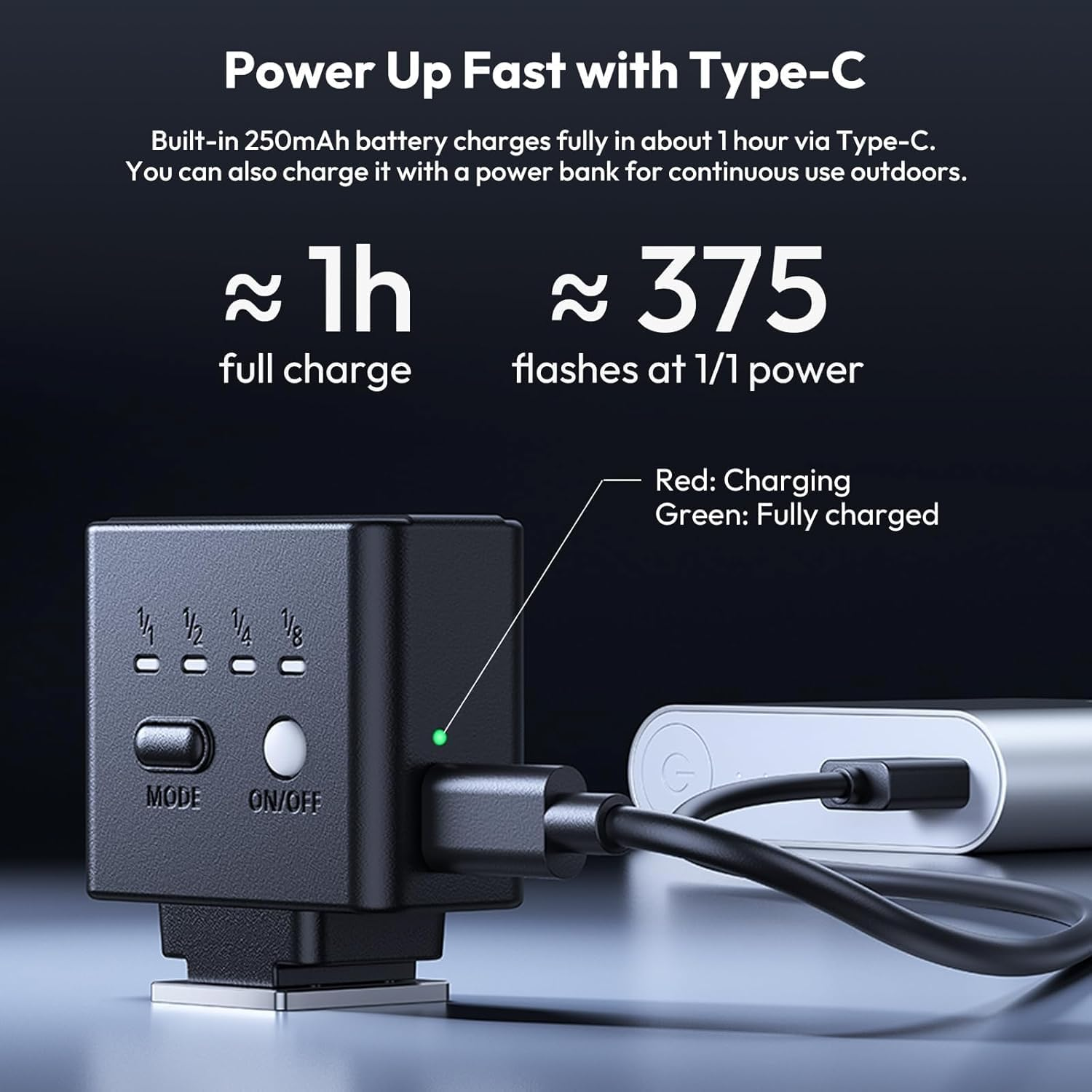 Czarne urządzenie z kablem ładującym podłączonym do power banku. Wyświetlane informacje: pełne naładowanie w 1 godzinę i 375 błysków.