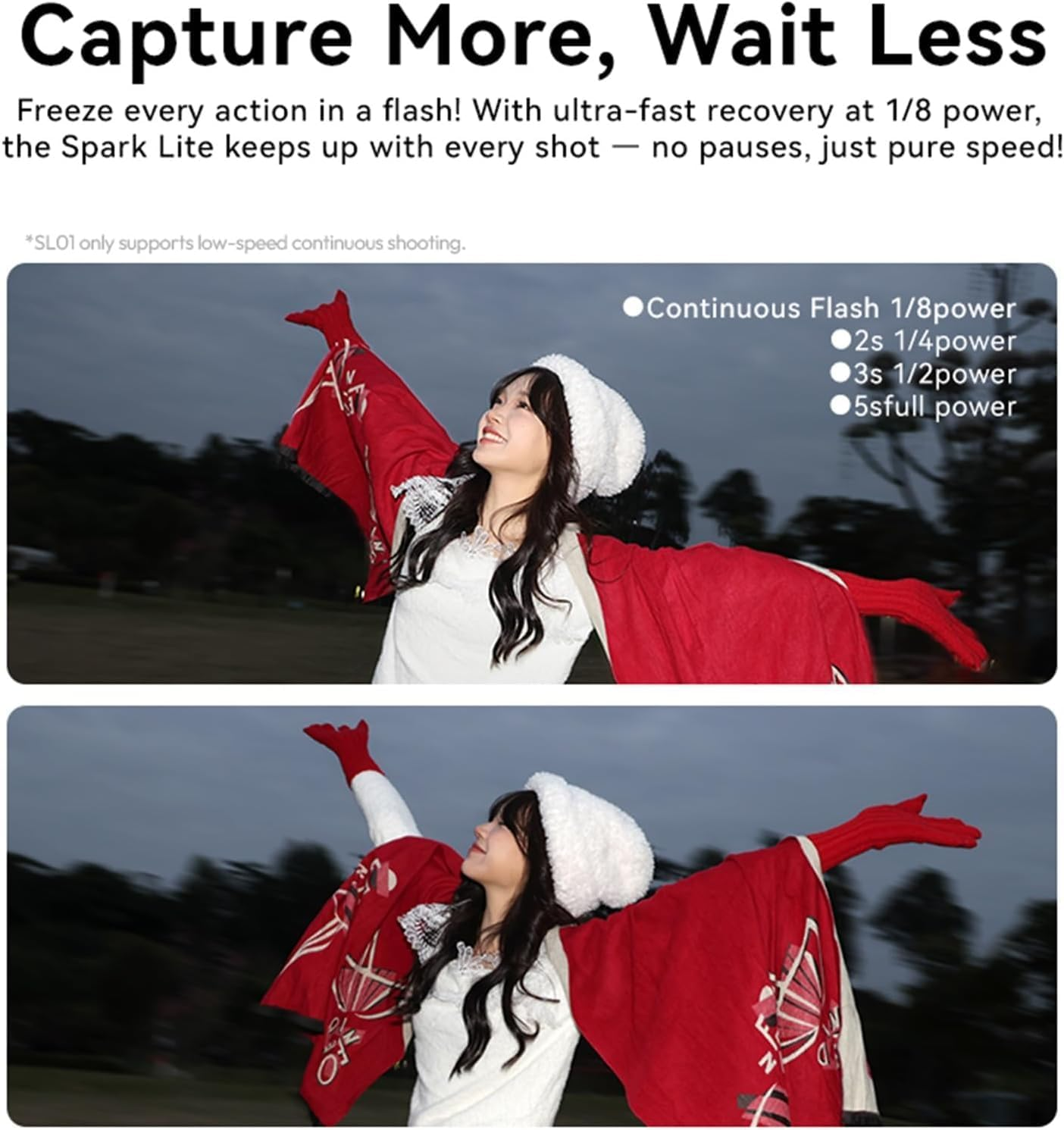 Kobieta w białym kapeluszu i czerwonej szalu uśmiecha się z wyciągniętymi ramionami. Tekst o ustawieniach lampy błyskowej w tle.