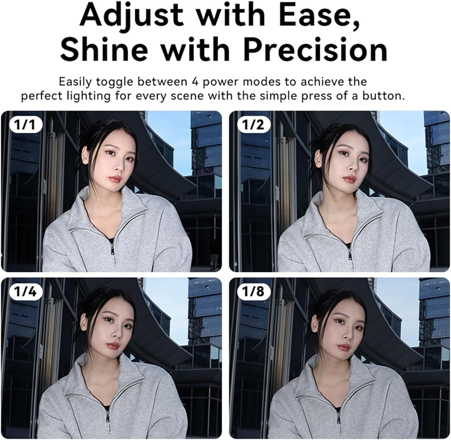 Obraz przedstawia kobietę w szarej kurtce. Ma cztery miniatury z różnymi ustawieniami oświetlenia. Tłem jest nowoczesny budynek.