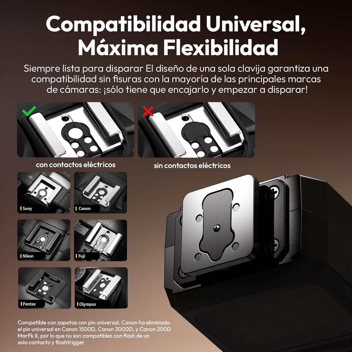 Obraz przedstawia akcesorium do aparatu o uniwersalnej kompatybilności. Podkreśla kompatybilność z aparatami Sony, Canon, Nikon, Fuji, Pentax i Olympus.