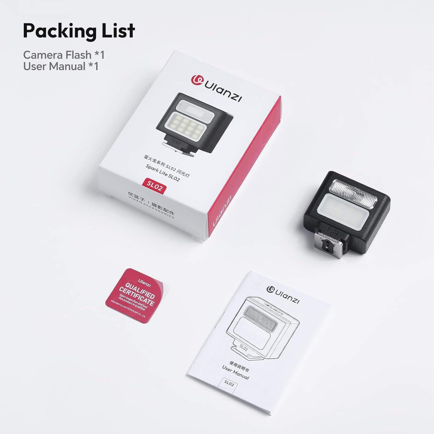 Lista pakowania z lampą błyskową, instrukcją obsługi, pudełkiem, małą lampą błyskową i certyfikatem na białej powierzchni.