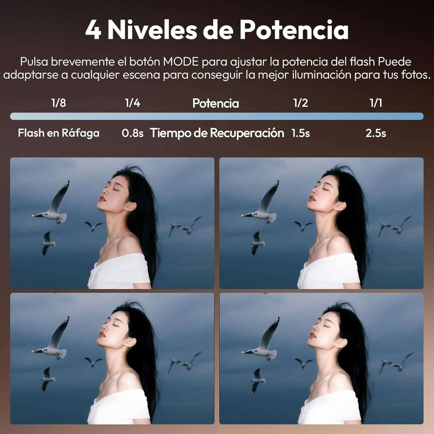 Obraz przedstawia kobietę z zamkniętymi oczami, lecące mewy i tekst o poziomach mocy błysku: 1/8, 1/4, 1/2, 1/1.