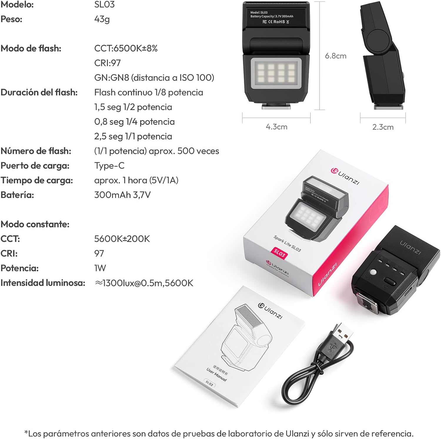 Zdjęcie produktu przedstawia lampę błyskową, jej pudełko, instrukcję i kabel ładujący, ze specyfikacjami w języku hiszpańskim.