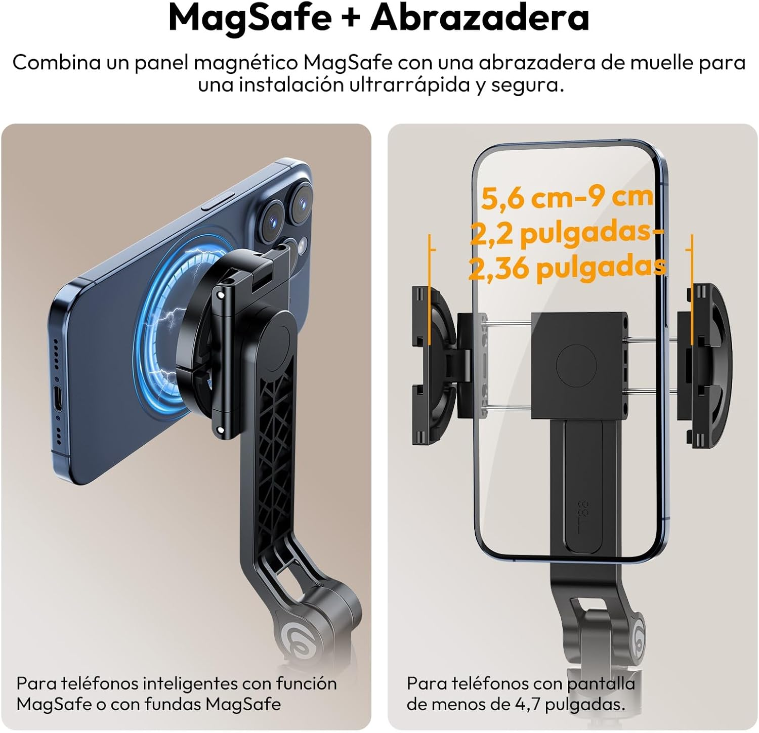 La imagen muestra un teléfono conectado a un soporte para automóvil. Se muestran las dimensiones. El texto explica la compatibilidad con MagSafe y el tamaño de la pantalla.