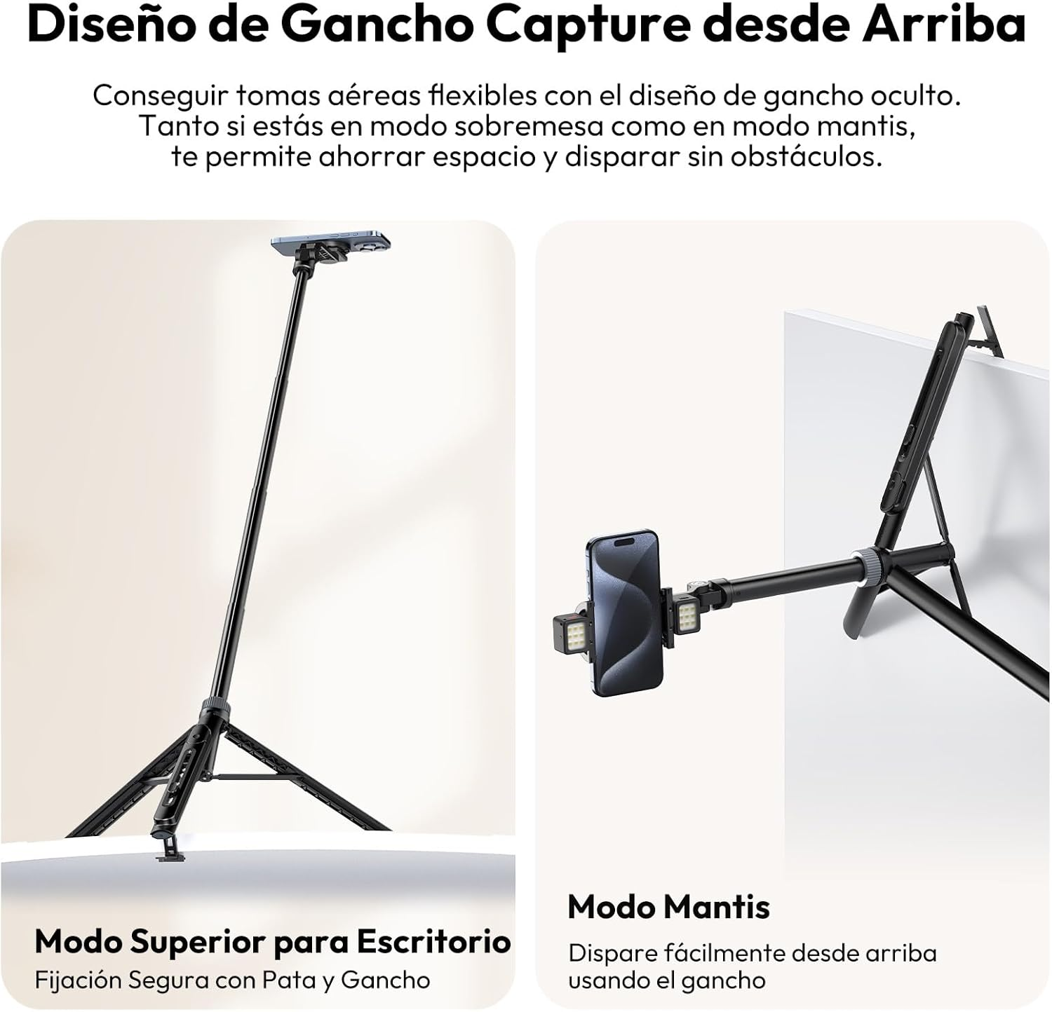 Dos trípodes negros sosteniendo teléfonos. Uno está sobre una mesa, el otro está montado en una superficie blanca.