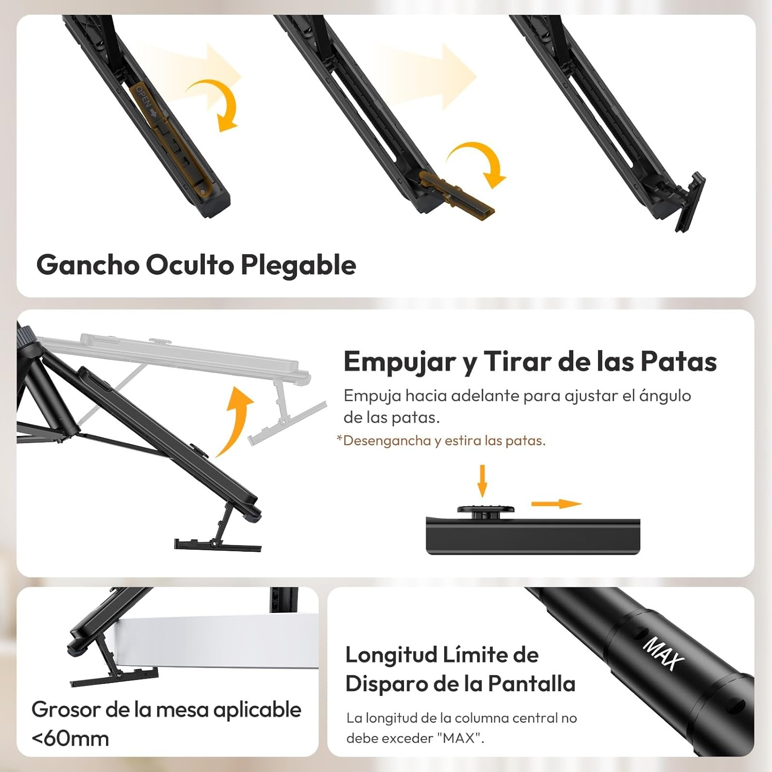 Diagrama muestra gancho plegable, ajuste de patas y grosor de mesa. Incluye flechas de acción y etiquetas de texto en español.