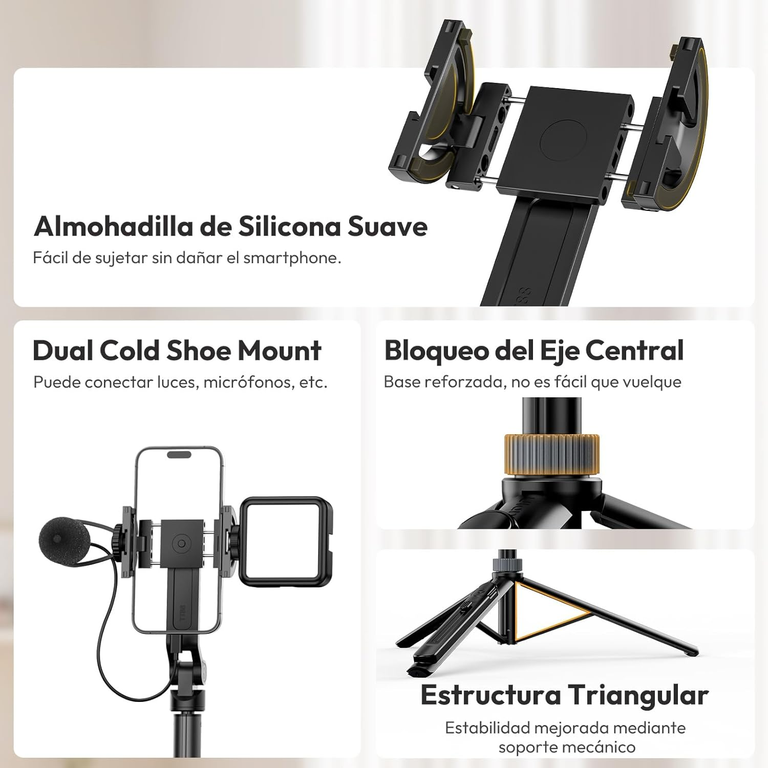 Un soporte para teléfono con micrófono y luces. Tiene una almohadilla de silicona, montaje de zapata fría doble y estructura triangular.