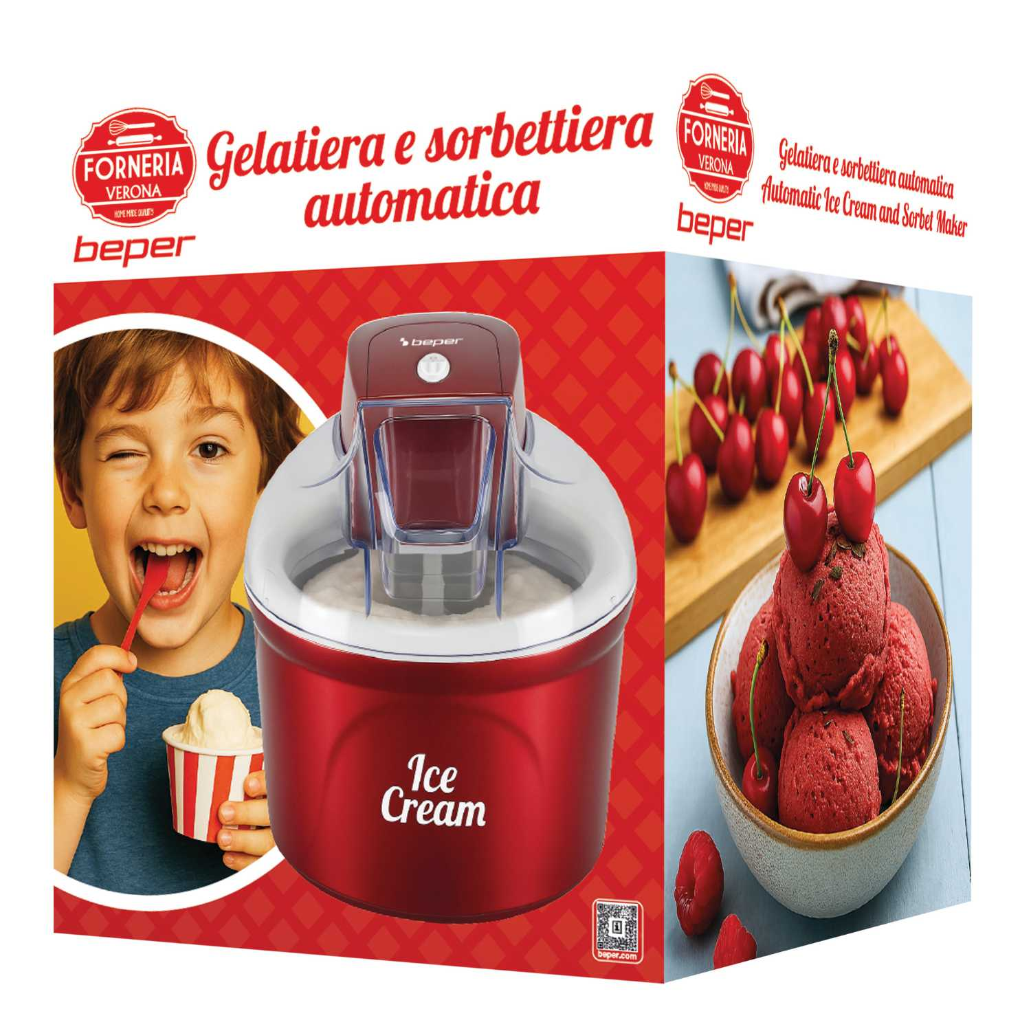 Un ragazzo gusta il gelato da una macchina rossa. A destra una ciotola di sorbetto rosso con ciliegie. Logo Beper visibile.