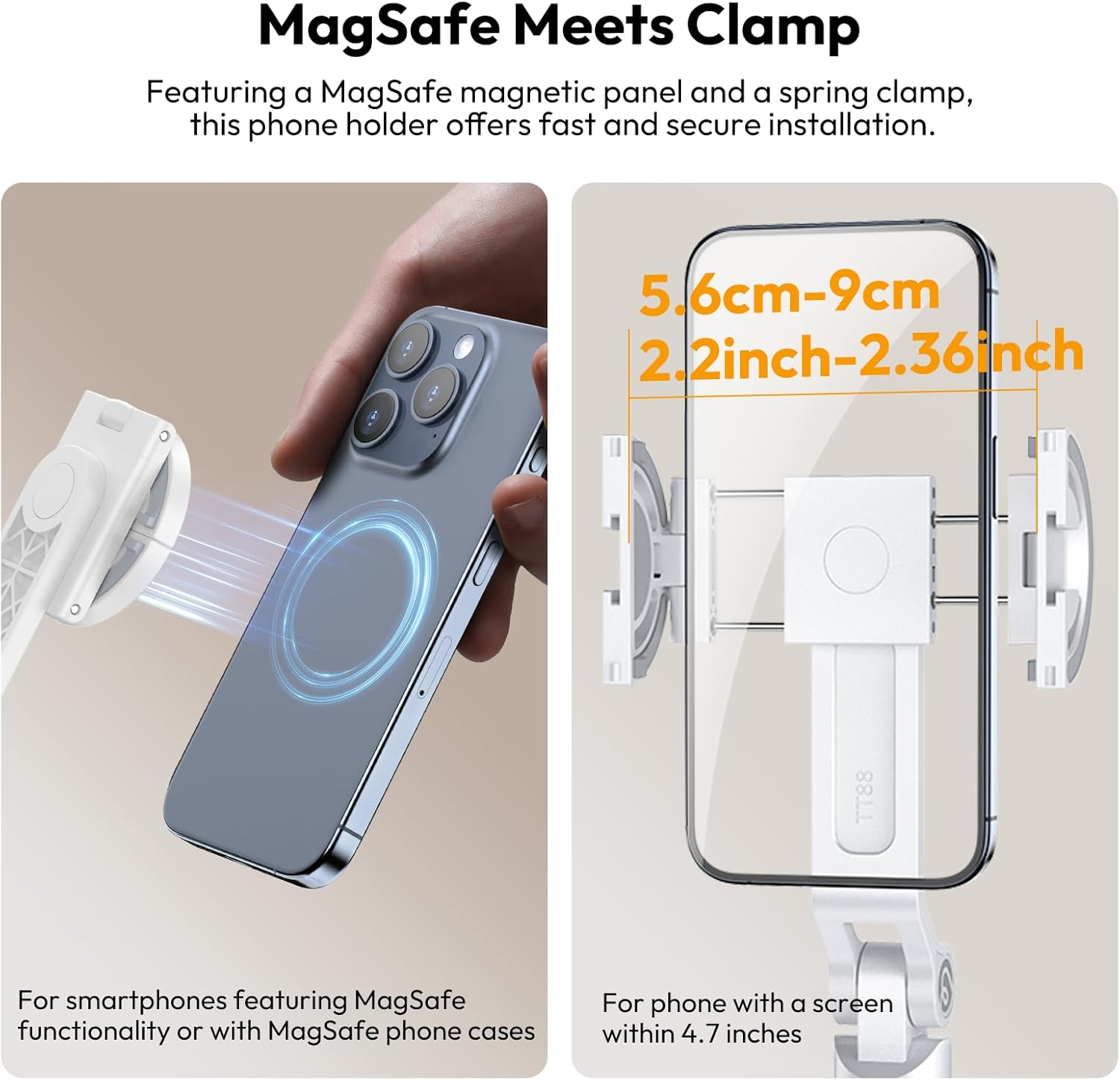 Obrazek przedstawia uchwyt do telefonu z dołączonym telefonem. Tekst wskazuje na kompatybilność z MagSafe i zakres rozmiaru ekranu.