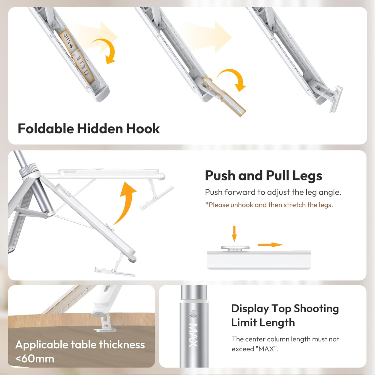 Schemat pokazujący składany ukryty haczyk, nogi pchające i ciągnące oraz długość limitu wyświetlania z tekstem i strzałkami.