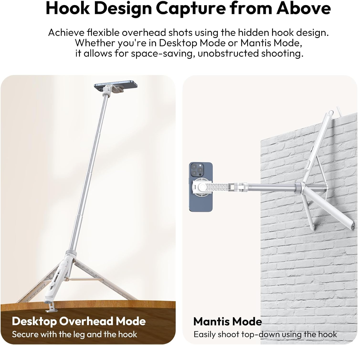 Zdjęcie przedstawia dwa tryby uchwytu na telefon: tryb biurkowy na stole i tryb Mantis na ścianie, oba trzymają telefon.