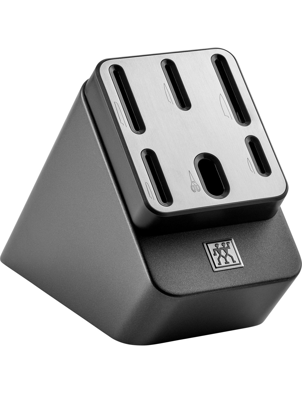 Szary blok na noże z otworami. Góra srebrna. Podstawa ciemnoszara, z logo.