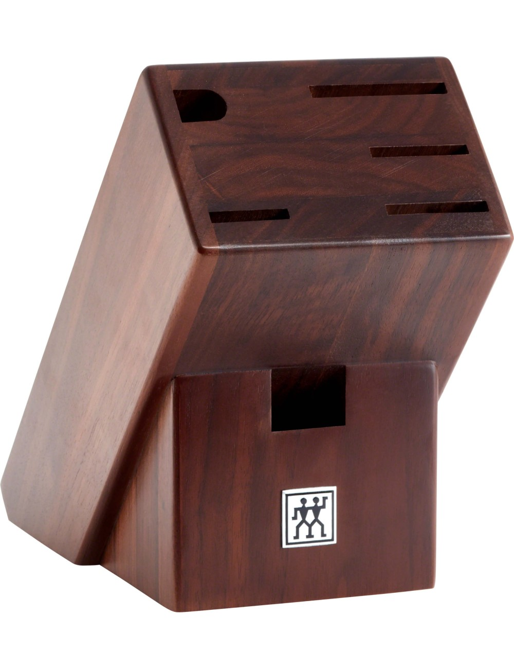 Ciemnobrązowy drewniany blok na noże z wieloma szczelinami. Logo marki znajduje się na dole. Blok pochyla się w lewo.