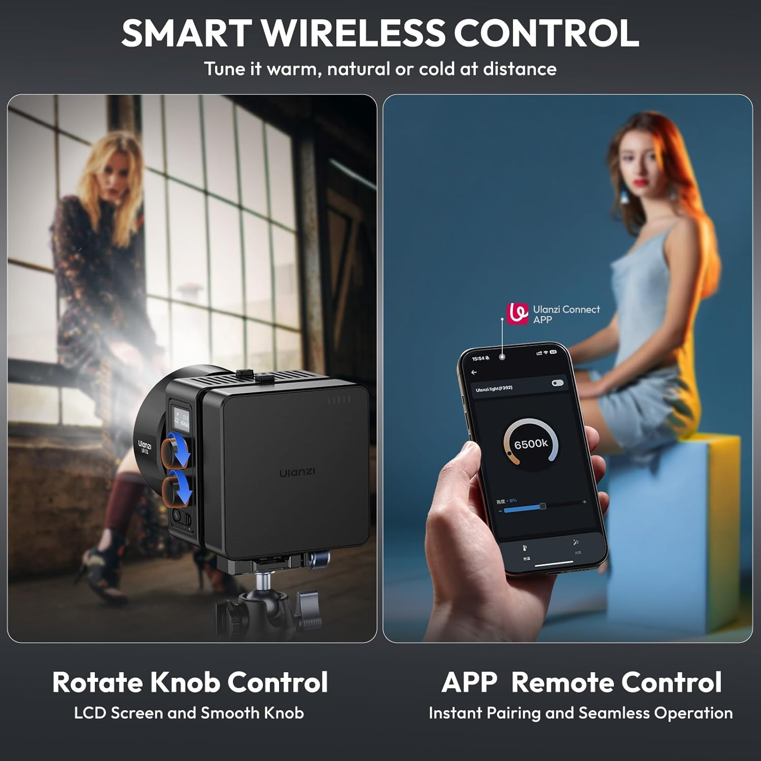 Obraz przedstawia światło z kobietą i telefonem. Światło ma pokrętło. Telefon pokazuje interfejs aplikacji ze światłem 6500k.