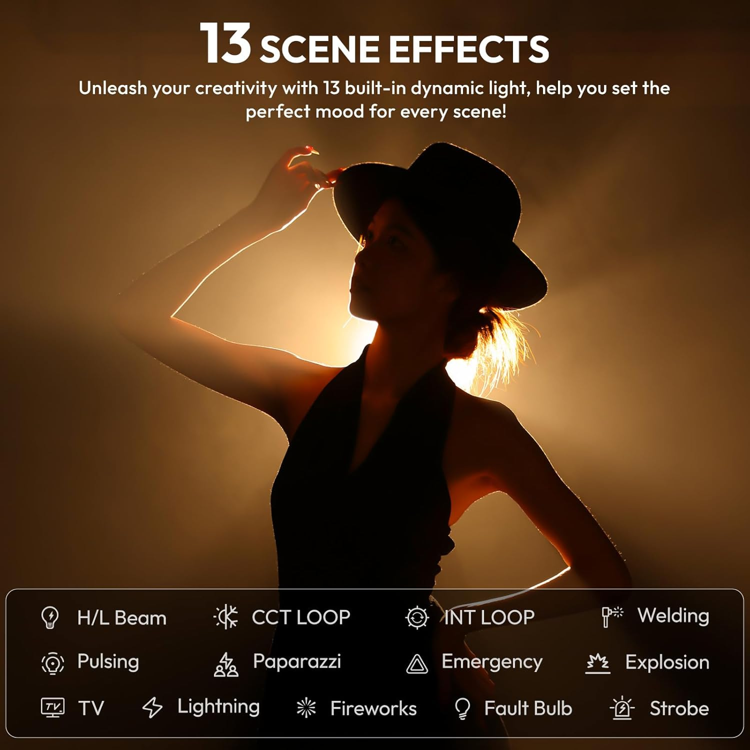 Kobieta w kapeluszu i sukience jest oświetlona, z tekstem o efektach sceny w tle.