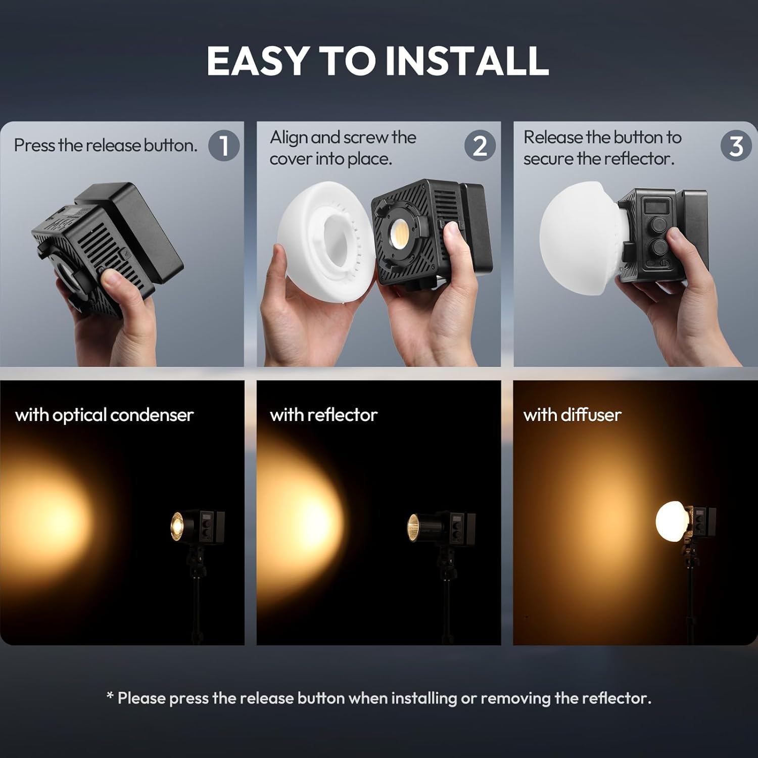 Instrukcje dotyczące instalacji światła. Kroki 1-3 pokazują mocowanie części. Poniżej pokazano 3 efekty świetlne. Tekst: ŁATWY W INSTALACJI.