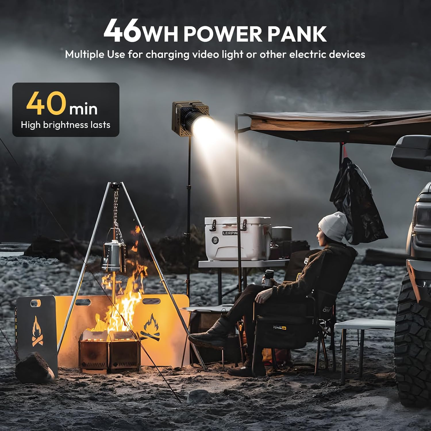 Osoba siedzi przy ognisku z reflektorem. Scena obejmuje samochód, lodówkę i namiot. Tekst brzmi 46WH power bank.