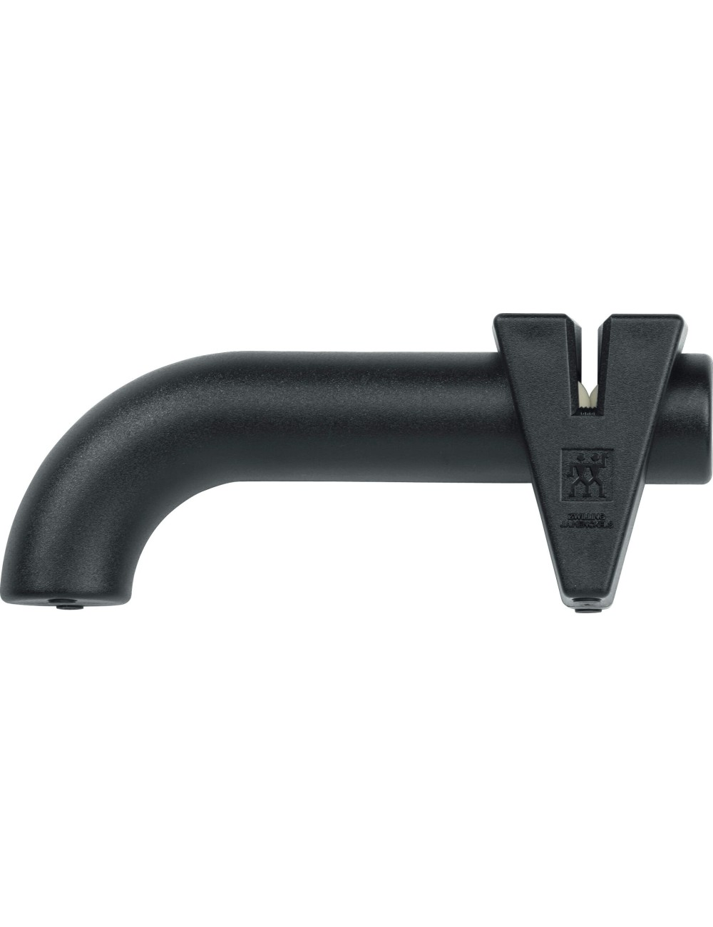 Czarna ostrzałka do noży. Ma zakrzywiony uchwyt i prowadnicę do ostrzenia w kształcie litery V. Nazwa marki jest widoczna na prowadnicy.