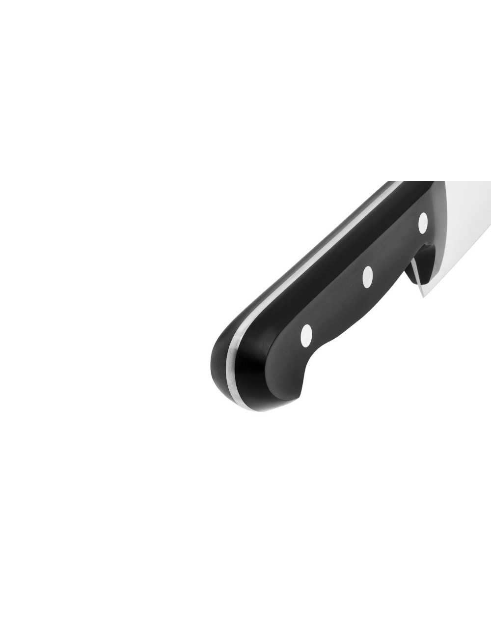 Zbliżenie czarnego noża ze srebrnymi akcentami. Widoczne trzy białe nity. Ostrze jest częściowo widoczne po prawej stronie.