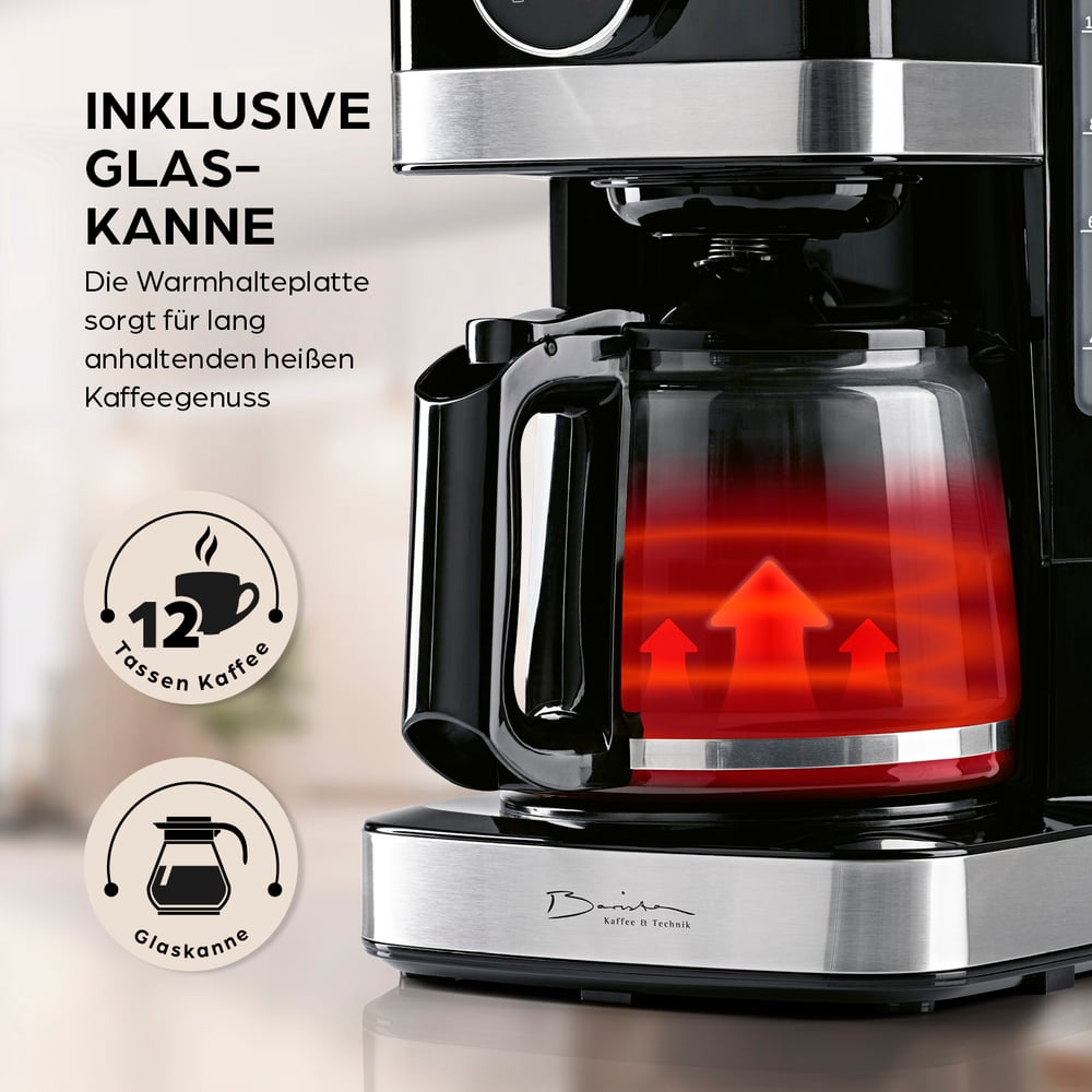 Kaffeemaschine mit Glaskanne. Rote Pfeile zeigen das Heizen an. Text sagt '12 Tassen Kaffee' und 'Glaskanne'.