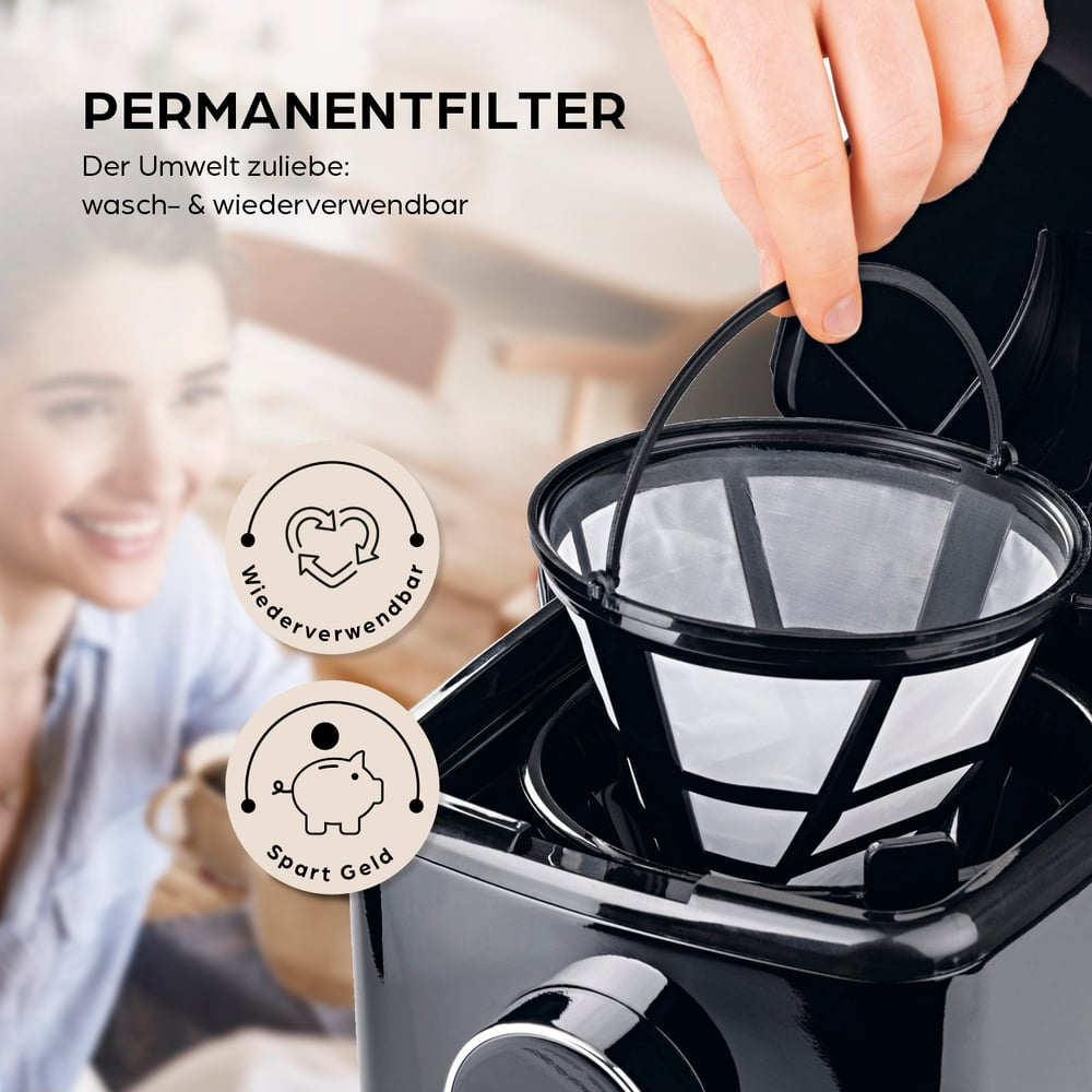 Eine Hand hält einen schwarzen Kaffeefilter. Der Text sagt: permanenter Filter. Im Hintergrund lächelt eine Frau. Icons: wiederverwendbar und Geld sparen.