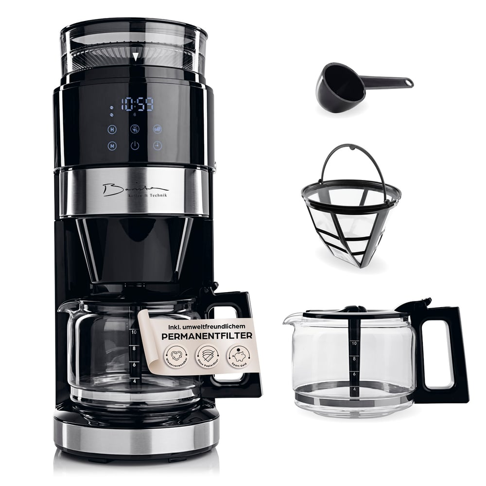 Eine schwarze Kaffeemaschine mit Glaskaraffe, Filter, Messlöffel und Karaffe. Es hat ein digitales Display und das Wort "Permanentfilter".