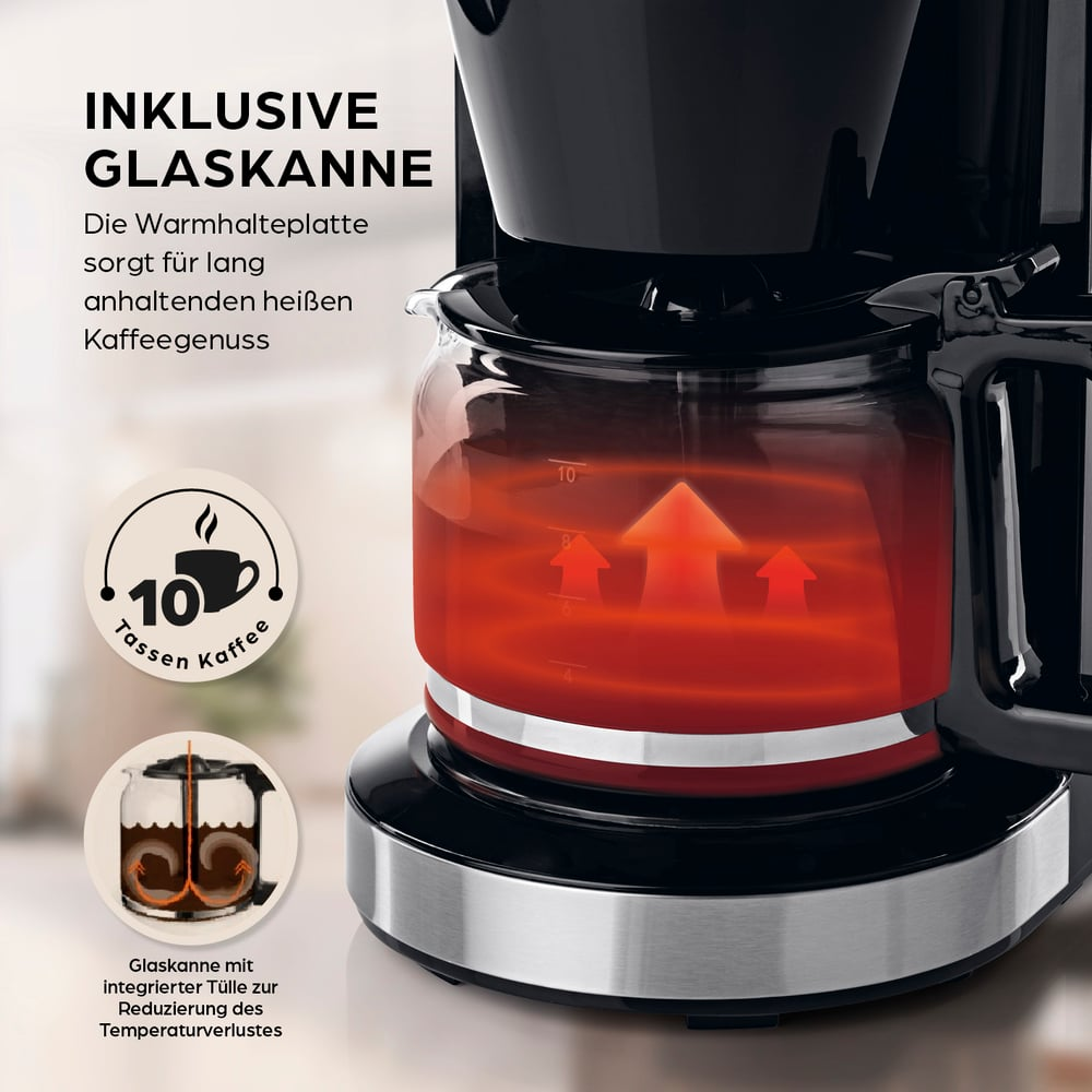 Kaffeemaschine mit Glaskanne, rote Pfeile, die Hitze anzeigen. Text: Inkl. Glaskanne, 10 Tassen, reduziert Wärmeverlust.
