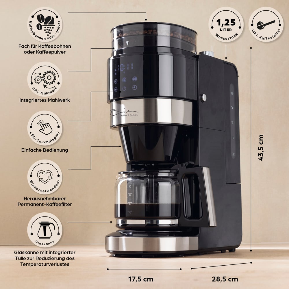 Schwarze Kaffeemaschine mit Bohnenbehälter, Digitalanzeige, Glaskanne und beschrifteten Abmessungen. Enthält Funktionen wie einen Filter.