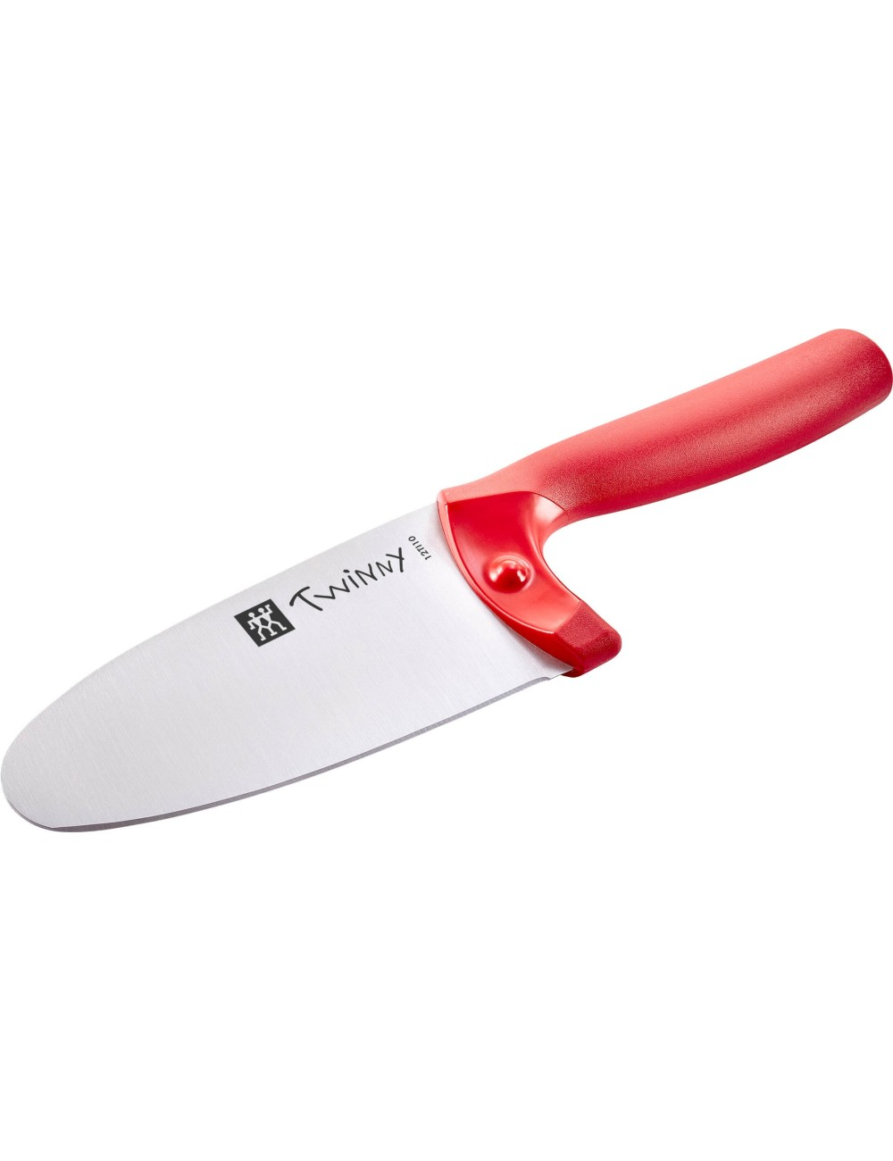 Czerwony nóż kuchenny ze srebrnym ostrzem i napisem "Twinny". Tło jest białe.