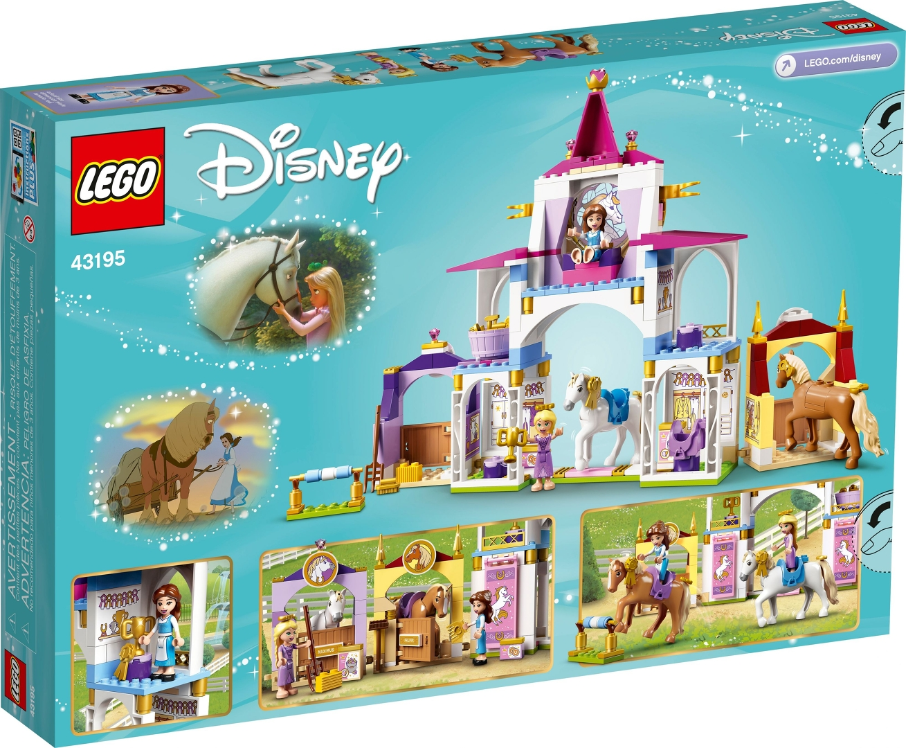 LEGO Disney-Set-Box. Sie zeigt ein Schloss mit Pferden und Figuren. Die Box ist blau und trägt das LEGO- und Disney-Logo.