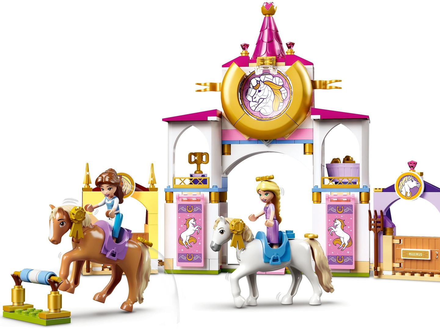 Lego-Set mit zwei Figuren auf Pferden. Ein Schloss im Hintergrund. Buntes und verspieltes Design mit Gold- und Pinkakzenten.
