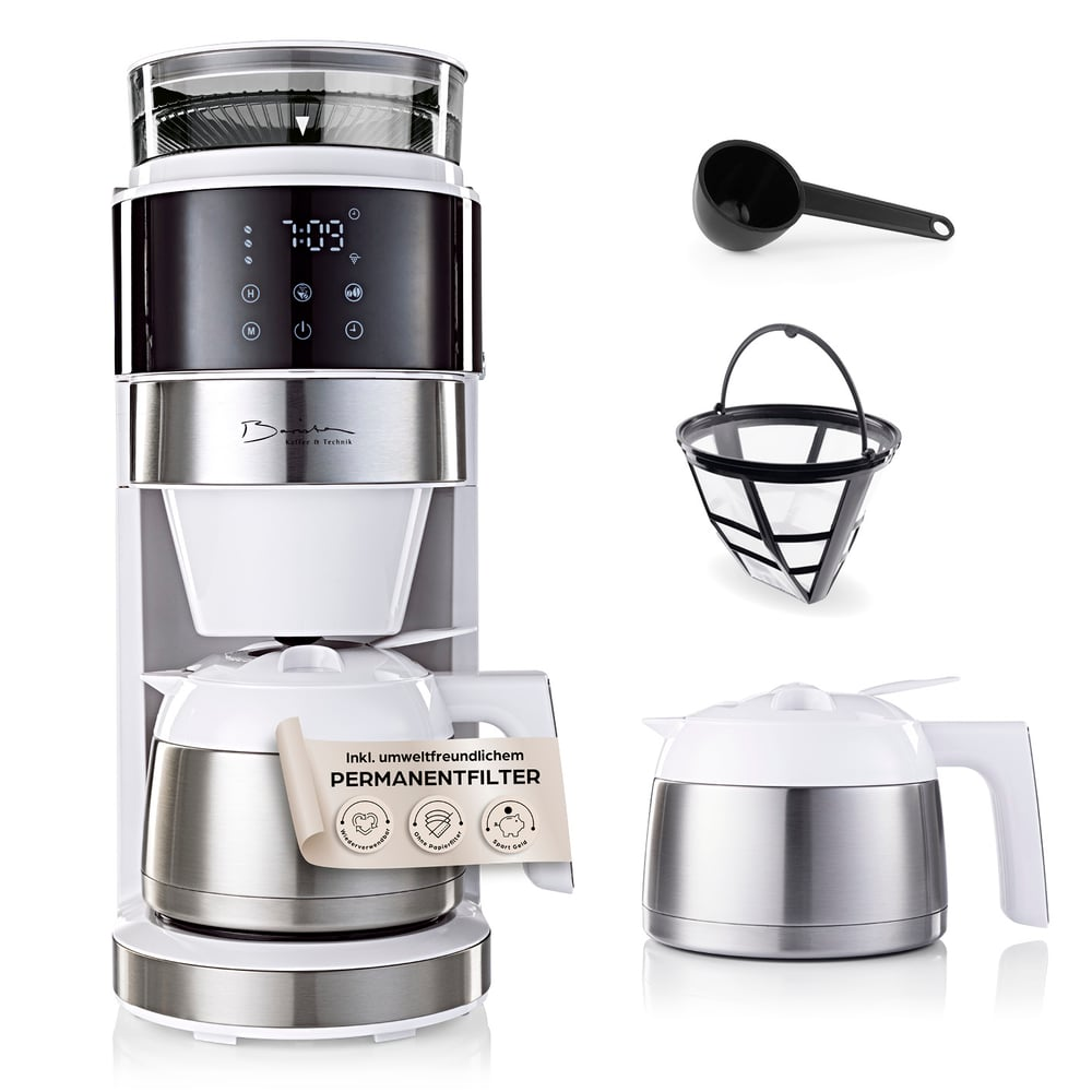 Kaffeemaschine mit Digitalanzeige, Filter, Messlöffel und Thermokanne. Weiß und Silber. Permanentfilter enthalten.