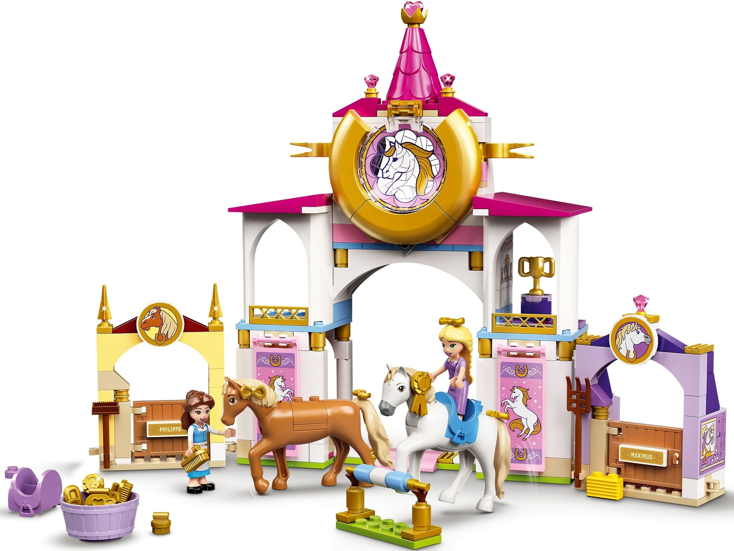 Lego-Set mit einer Prinzessinnen-Stallszene. Enthält Figuren einer Prinzessin und eines Pferdes, Gebäude und Zubehör.