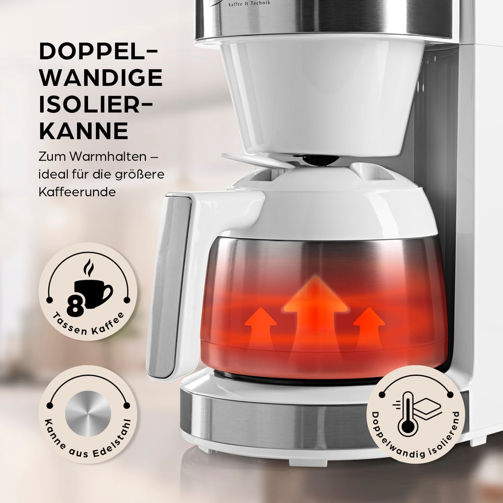 Eine weiße und Edelstahl-Kaffeemaschine. Die Karaffe ist aus Glas und hat einen roten Schein im Inneren. Es gibt drei Symbole mit Text.