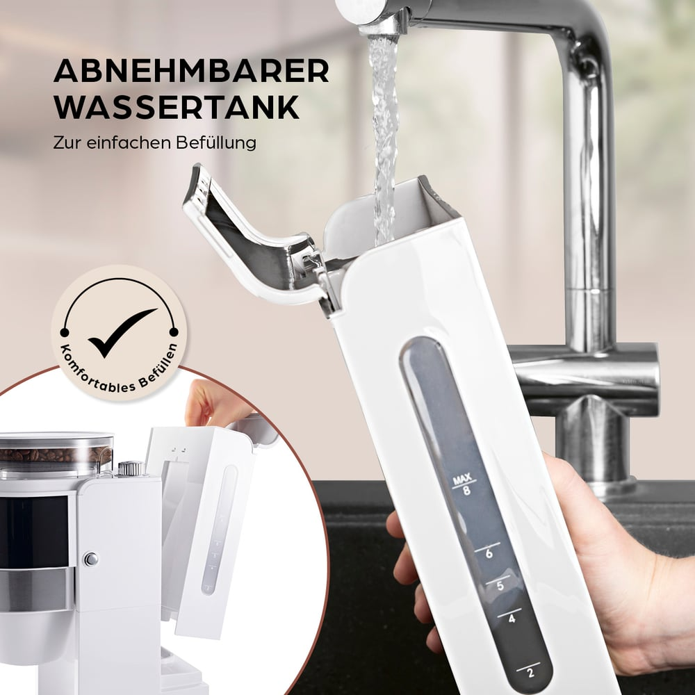 Ein weißer Wassertank wird von einem Wasserhahn gefüllt. Eine Hand hält den Tank. Text sagt 'Abnehmbarer Wassertank' und 'Einfaches Befüllen'.