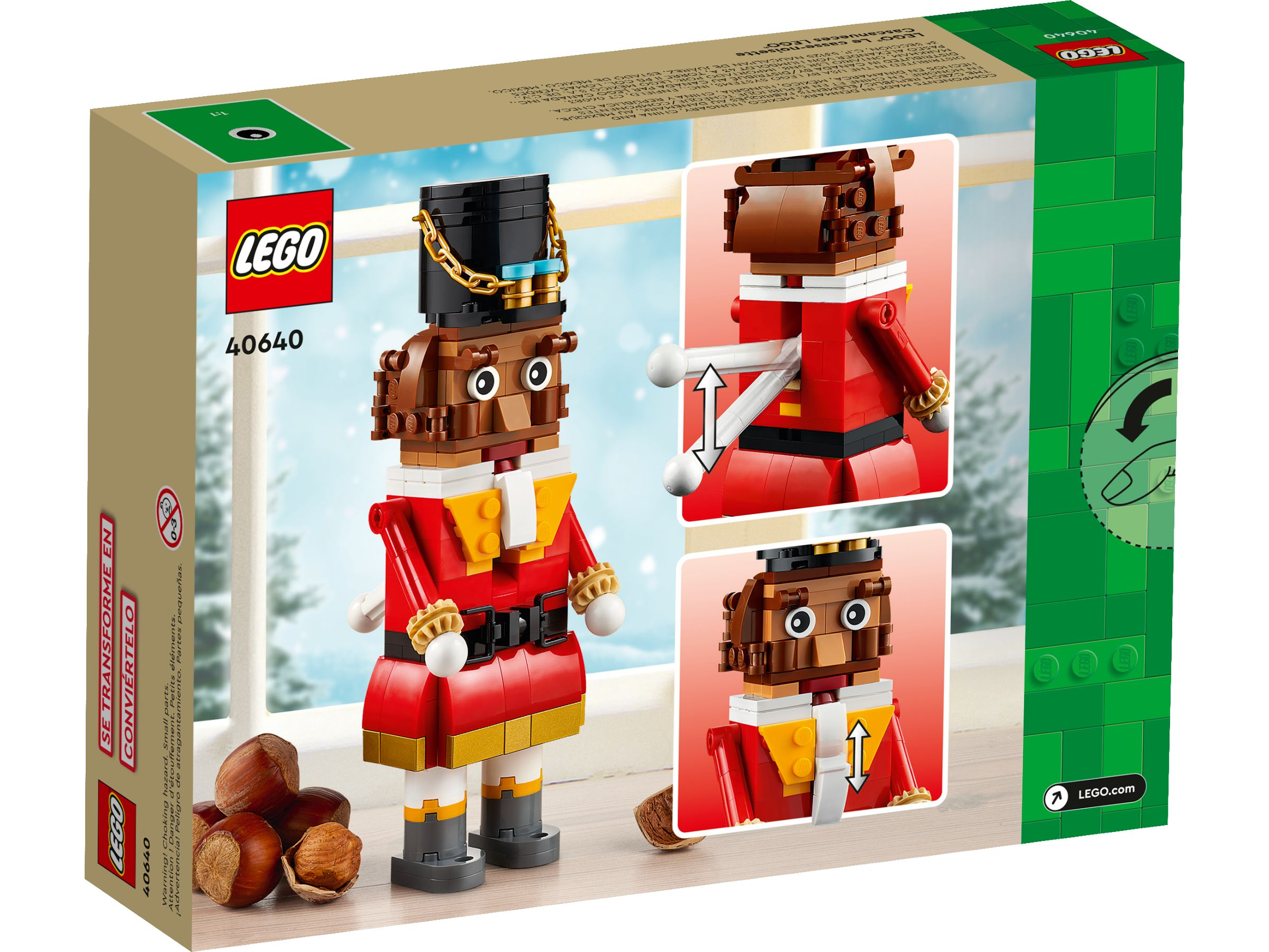 Eine LEGO Nussknacker-Box. Die Box zeigt das Modell und Details, einschließlich einer Nahaufnahme der Figur.