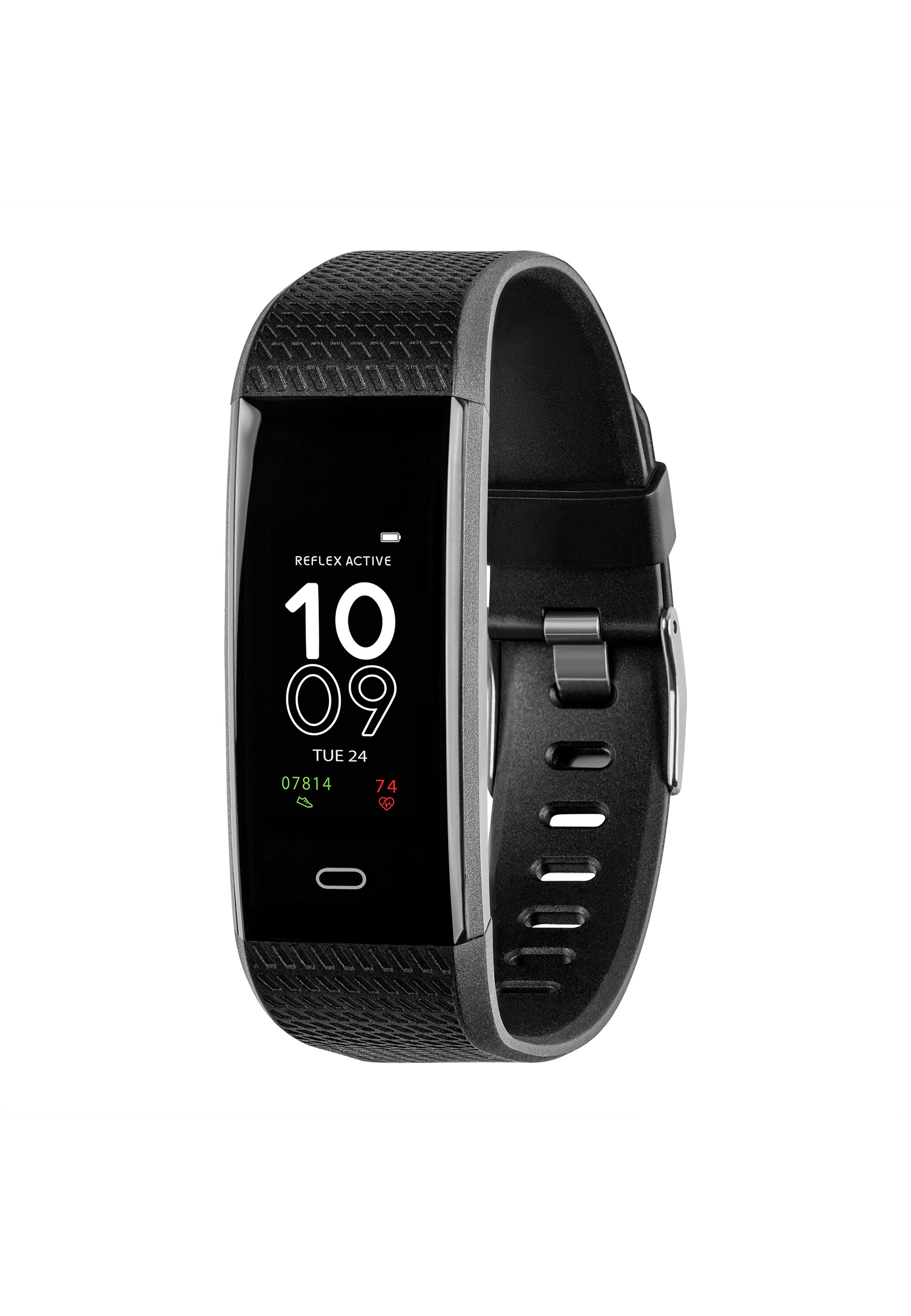 Eine schwarze Reflex Active Smartwatch zeigt Uhrzeit und Datum an. Sie hat ein schwarzes strukturiertes Armband und eine silberne Schließe.