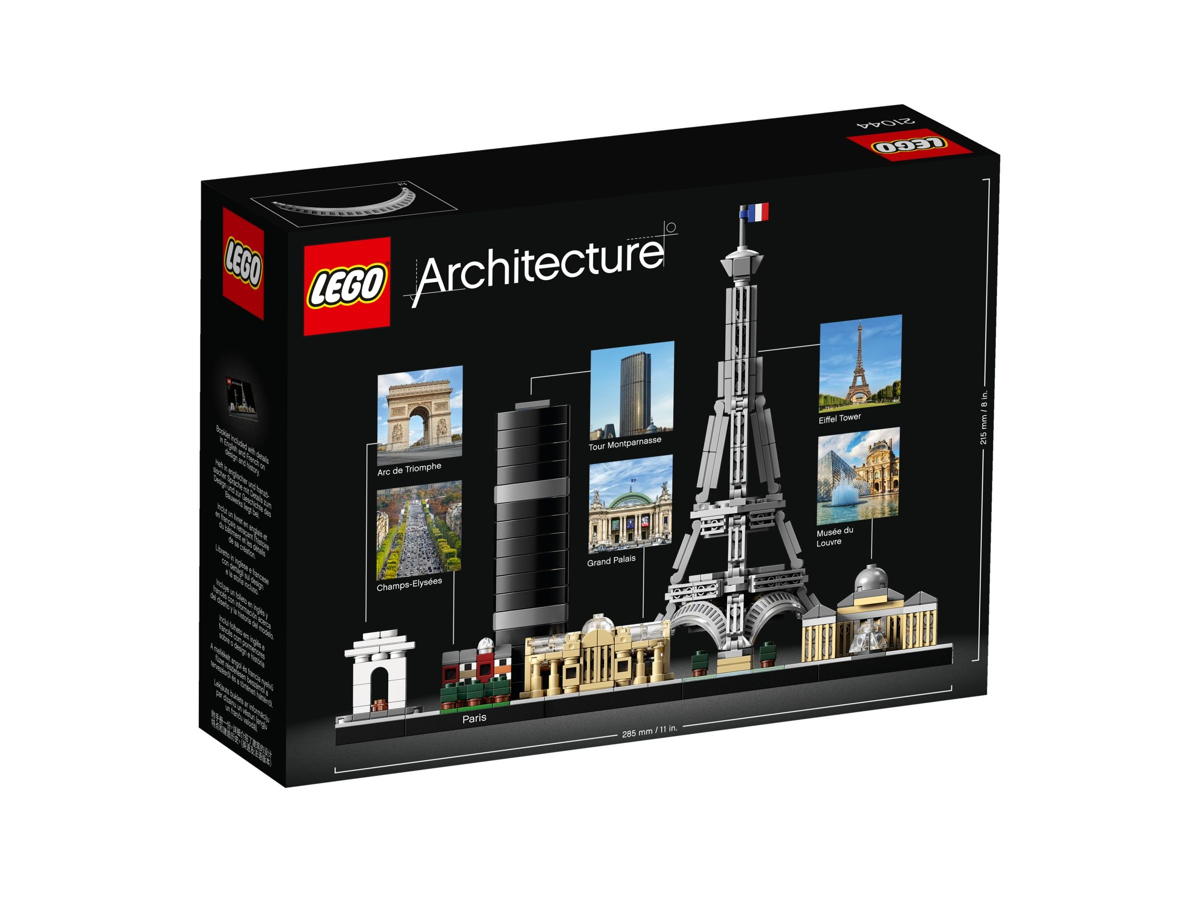 Schachtelkunst eines Lego Architecture Sets mit Pariser Wahrzeichen, darunter Eiffelturm und Arc de Triomphe.